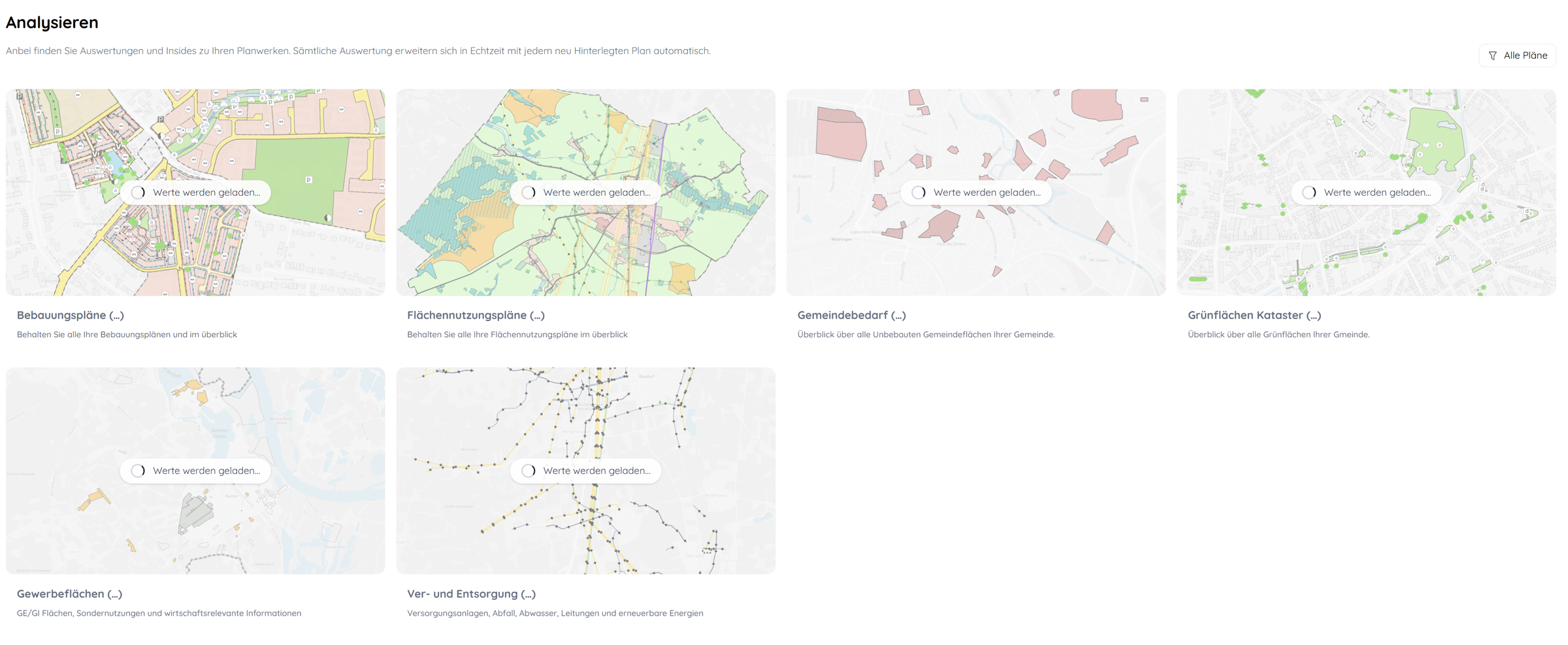 Bereich Analysieren in XPLANUNG24 mit sechs Auswertungen als Kartenkacheln: Bebauungspläne, Flächennutzungspläne, Gemeindebedarf, Grünflächen Kataster, Gewerbeflächen sowie Ver- und Entsorgung