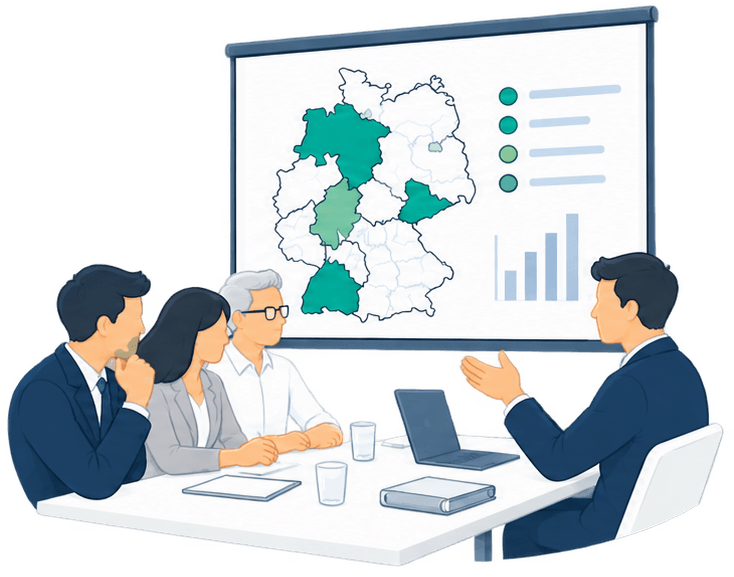 Besprechung an einer Landkarte mit Kreisgrenzen