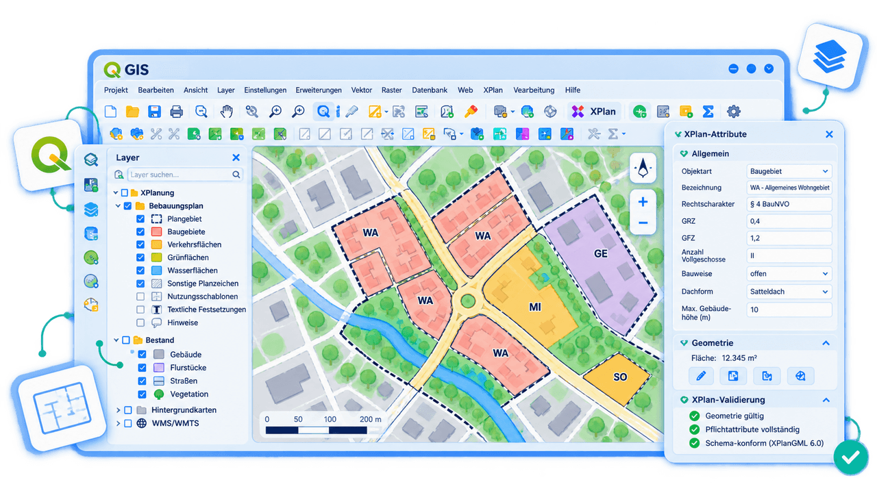 Planerin digitalisiert einen Bebauungsplan im QGIS-Editor