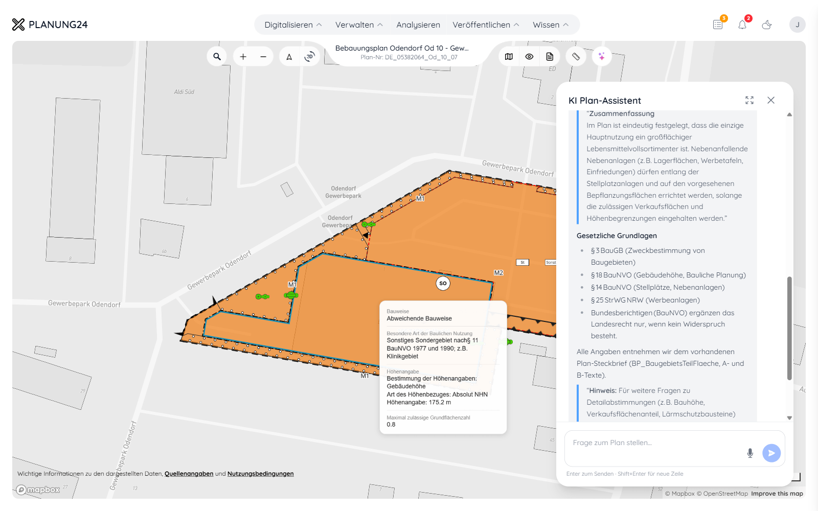 Chat-Eingabe „Welche Festsetzungen gelten für Grundstück X?“ mit Antwort und Quellenverweis