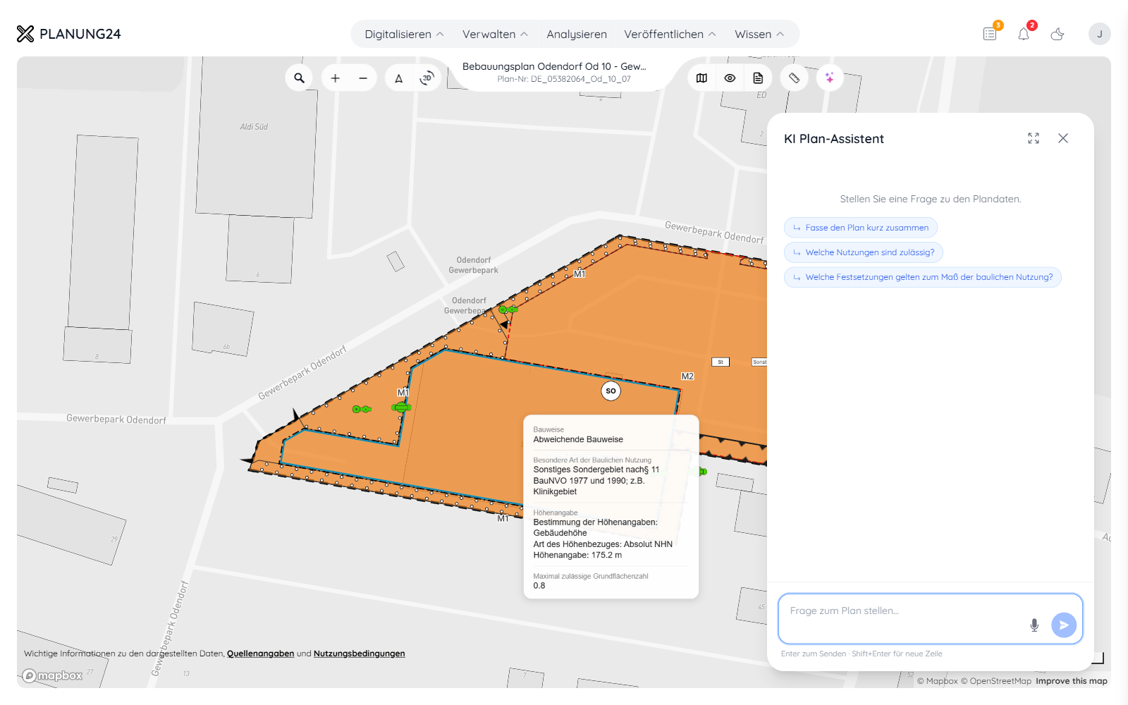 KI-Seitenleiste im Plan-Viewer mit Antwort zur Grundflächenzahl