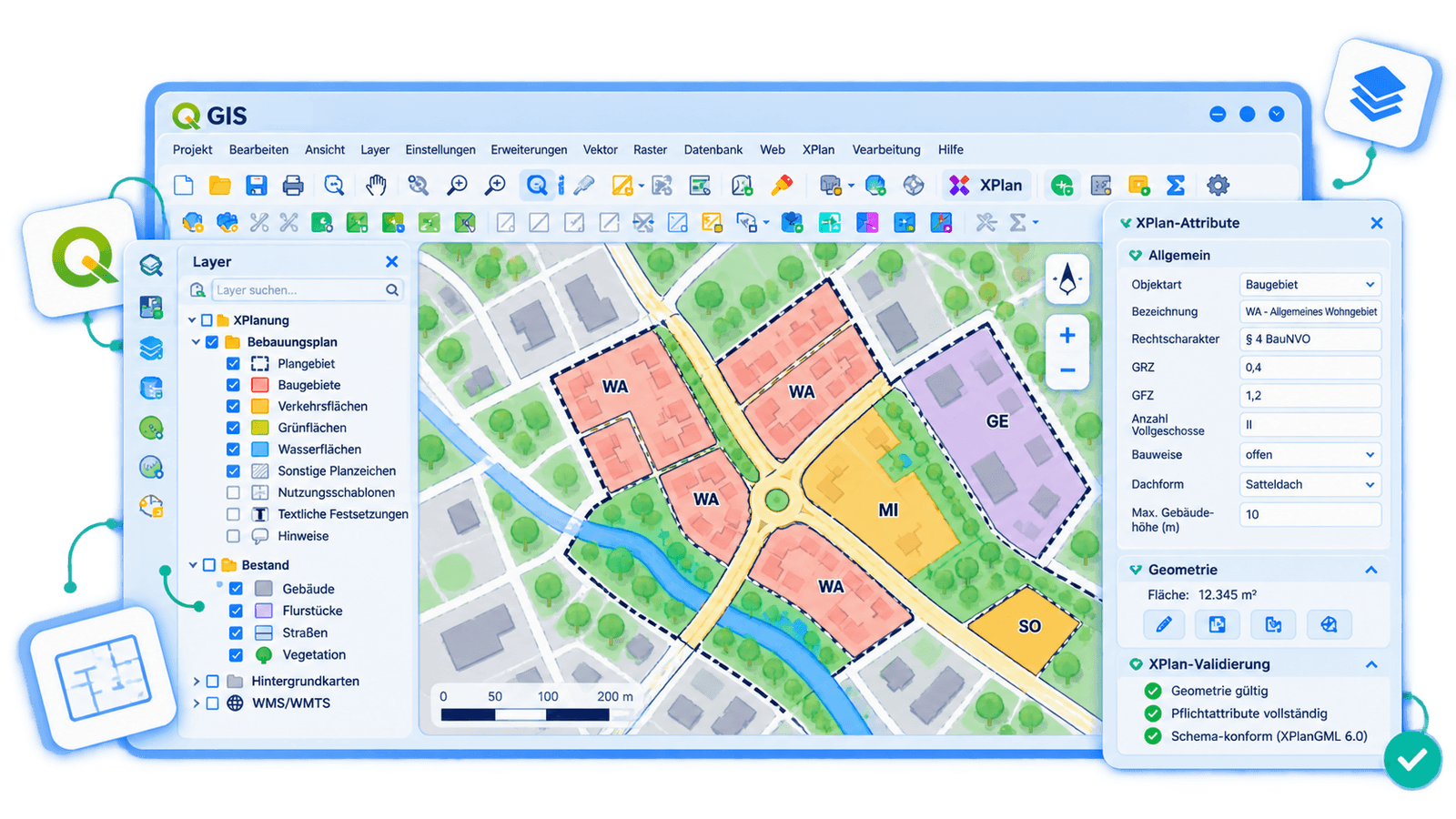 XPLANUNG24-Plugin in QGIS mit erfolgreich validiertem Bebauungsplan