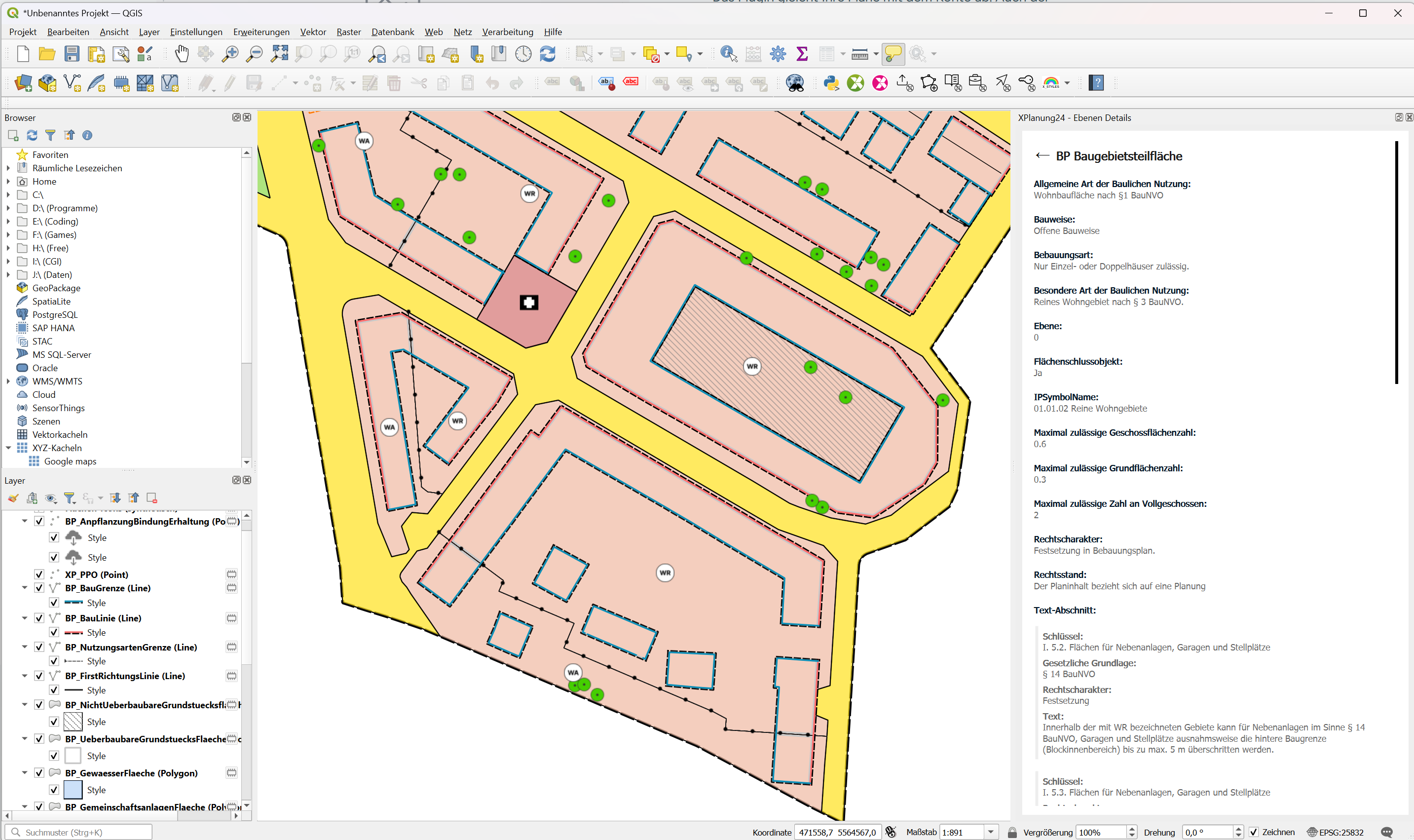 QGIS mit Editor-Formular für Nutzungsart, GRZ und GFZ
