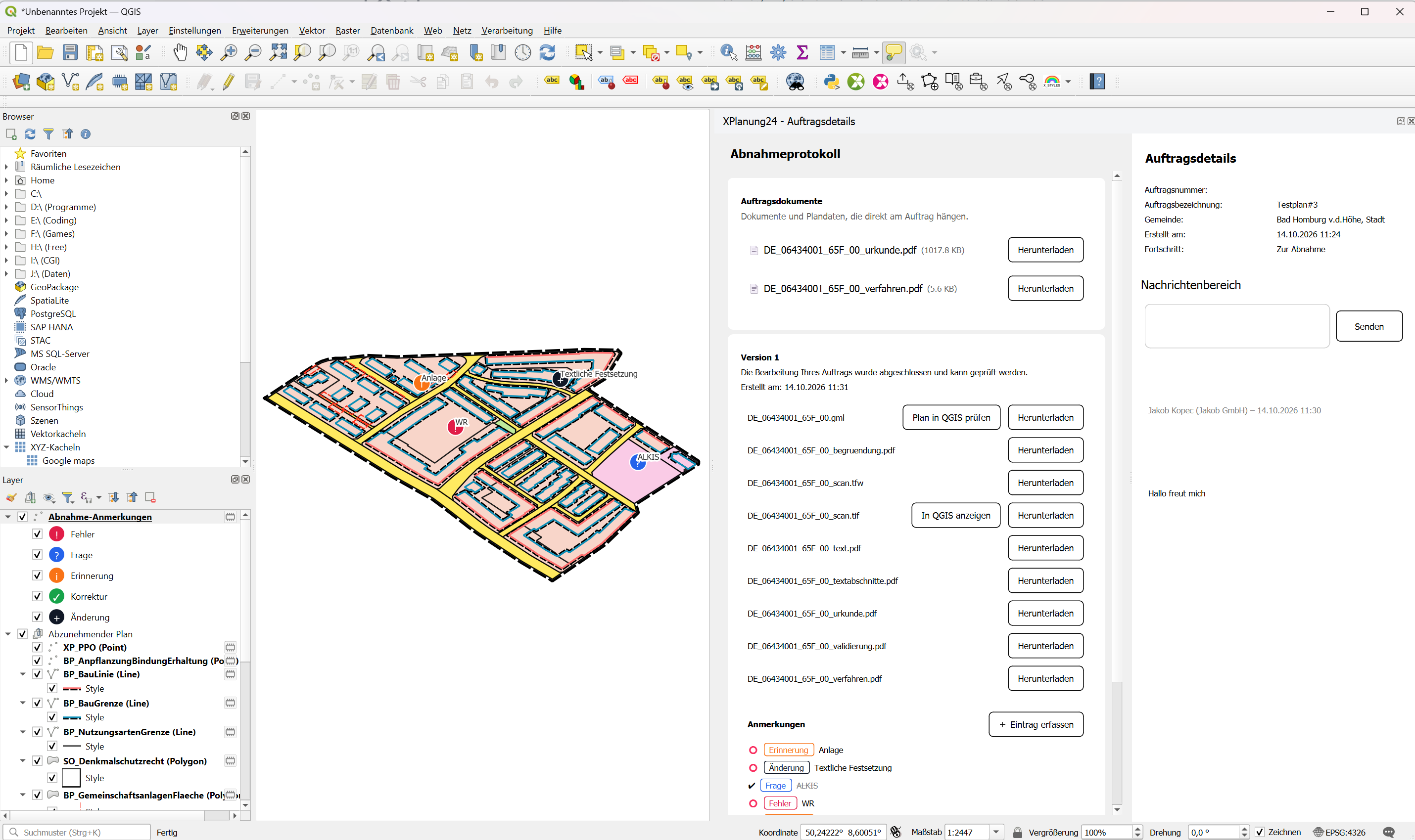 QGIS mit Auftragsliste und verorteten Kommentaren zu einem Plan