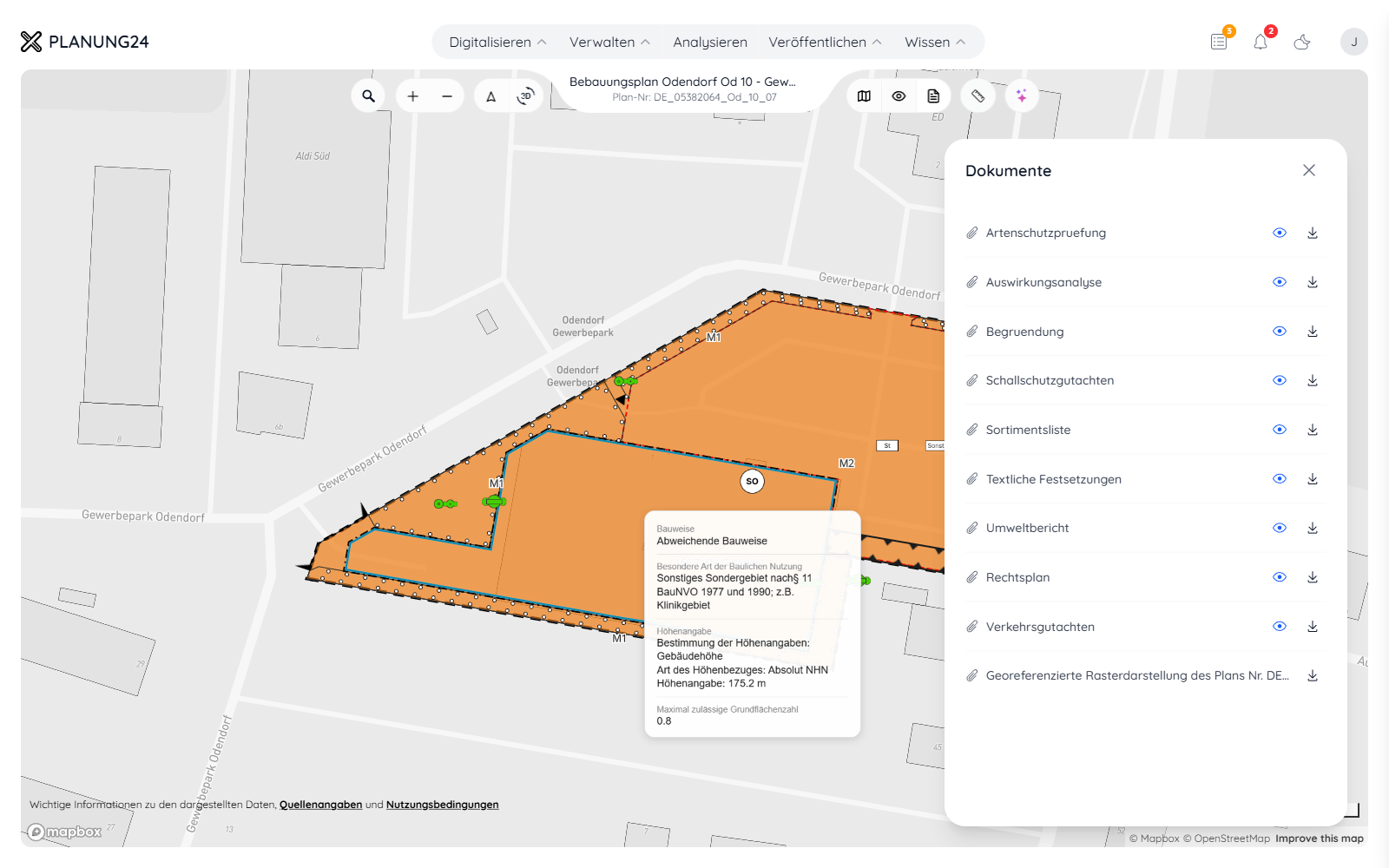 Dokumentenbereich eines Bebauungsplans mit Begründung und Versionen